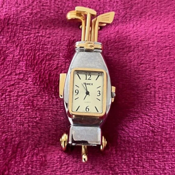 Vintage Timex Gold Golf Bag Desk Clock 3.5” High, Great Gift for a Golf Lover - Picture 1 of 6